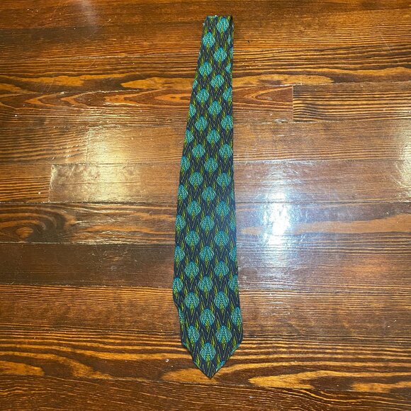 Valentino Cravatte Blue and Green Patterned Vintage Silk Tie - Picture 1 of 6